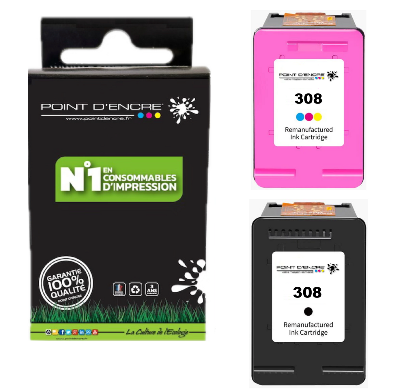 308 - Abonnement - NOIR & COULEUR - 6L6S6UE Grande capacité de Marque Francaise POINT D'ENCRE - Pour imprimante compatible HP (cehp)