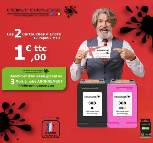 308 - Abonnement - NOIR & COULEUR - 6L6S6UE Grande capacité de Marque Francaise POINT D'ENCRE - Pour imprimante compatible HP (cehp)