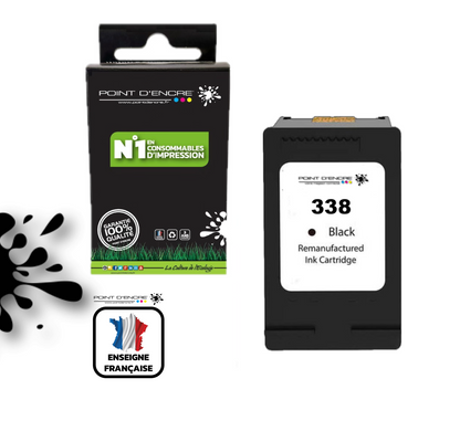 338 - NOIR  - Grande capacité de Marque Francaise POINT D'ENCRE - Pour imprimante compatible HP (cehp)