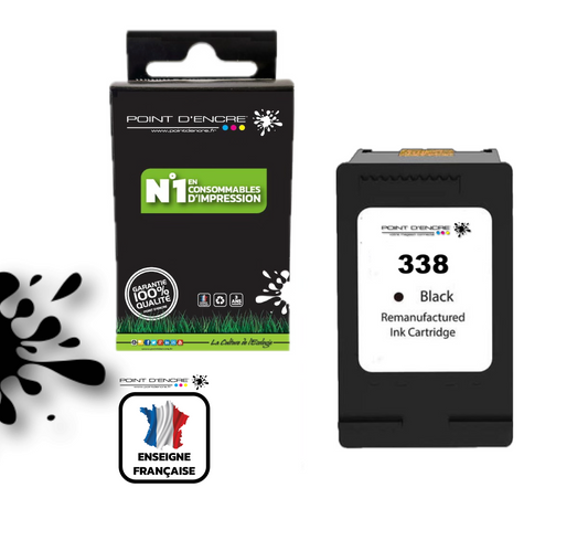 338 - NOIR  - Grande capacité de Marque Francaise POINT D'ENCRE - Pour imprimante compatible HP (cehp)