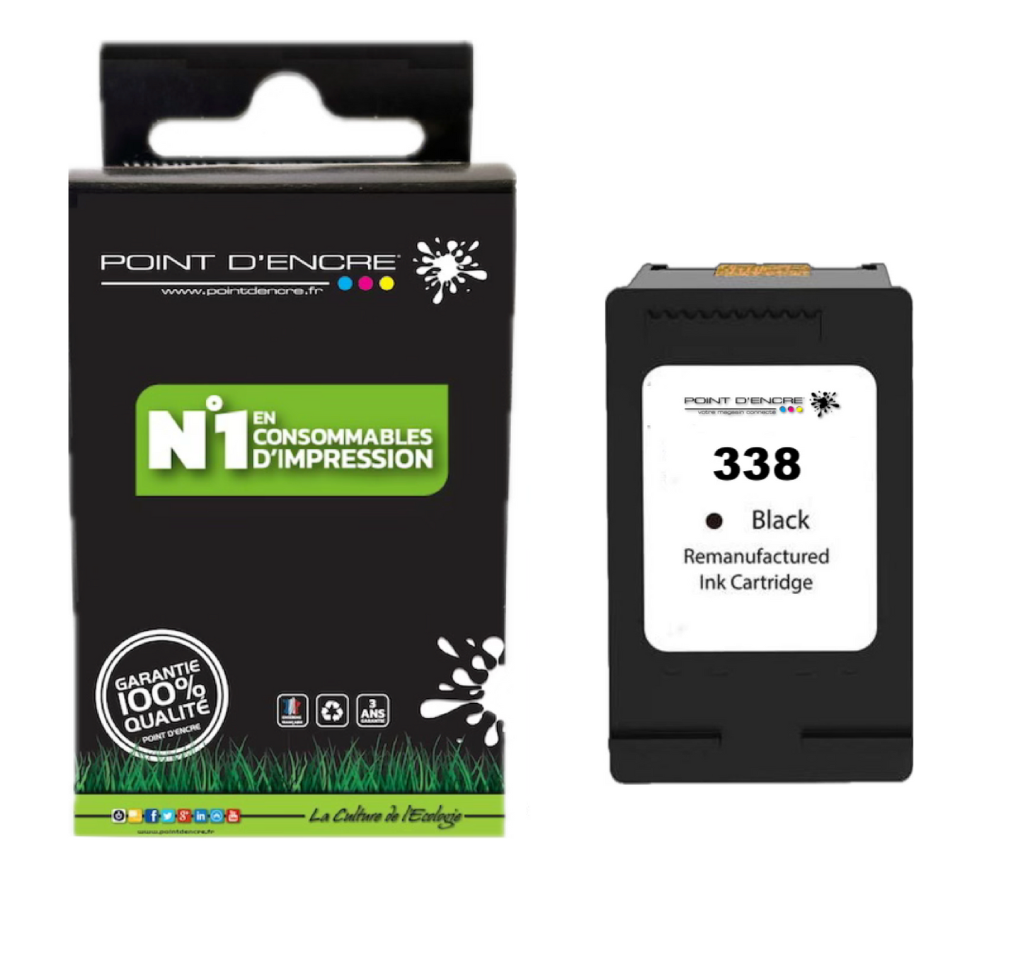 338 - NOIR  - Grande capacité de Marque Francaise POINT D'ENCRE - Pour imprimante compatible HP (cehp)