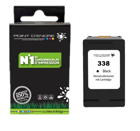 338 - NOIR  - Grande capacité de Marque Francaise POINT D'ENCRE - Pour imprimante compatible HP (cehp)