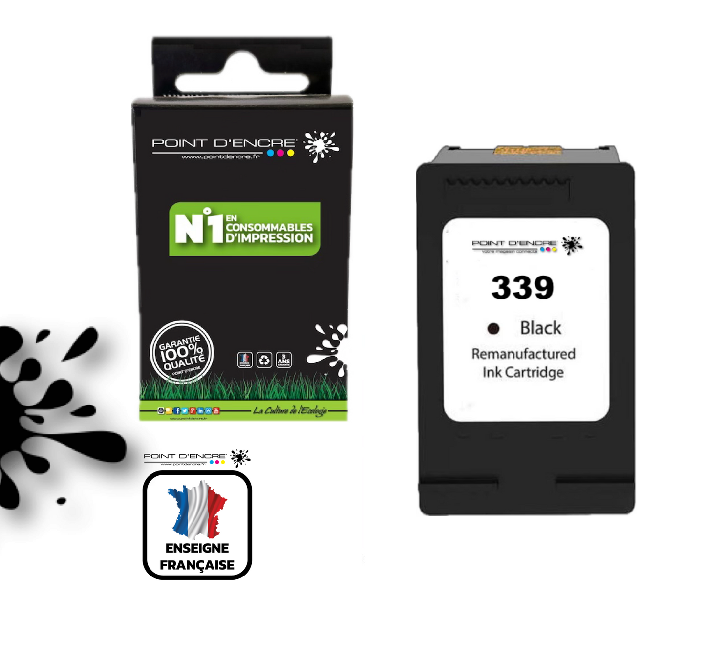 339 - NOIR  - Grande capacité de Marque Francaise POINT D'ENCRE - Pour imprimante compatible HP (cehp)