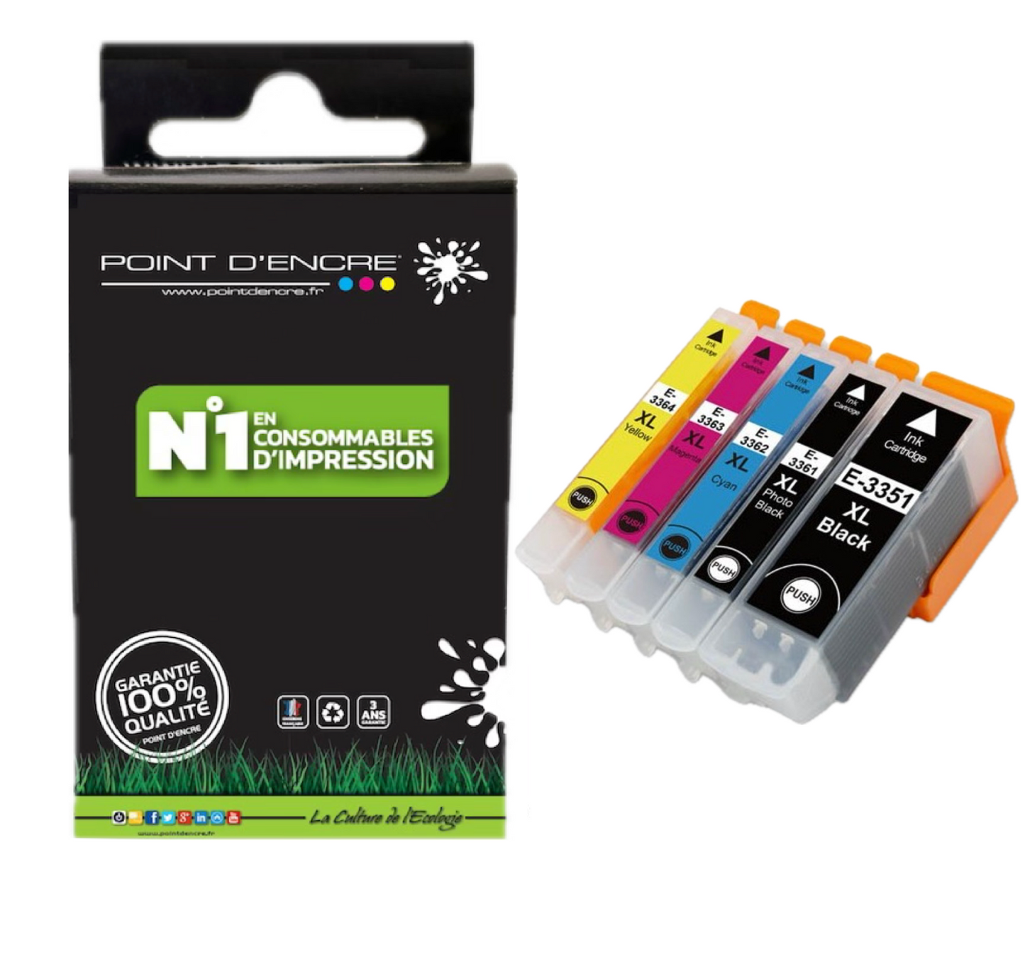 33XL - Orange - ABONNEMENT - NOIR / CYAN / MAGENTA / JAUNE / NOIR PHOTO - Grande capacité de Marque Francaise POINT D'ENCRE Pour imprimante compatible EPSON (cee)