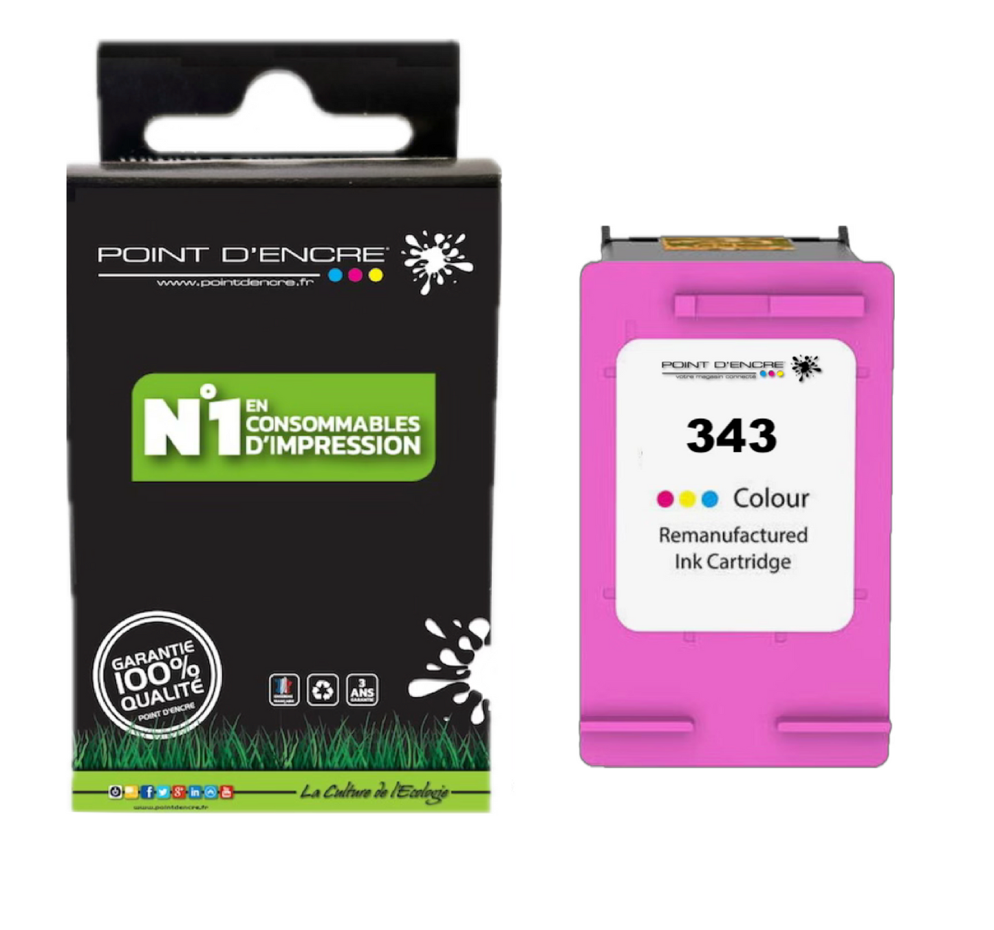 343 - COULEUR - Grande capacité de Marque Francaise POINT D'ENCRE - Pour imprimante compatible HP (cehp)