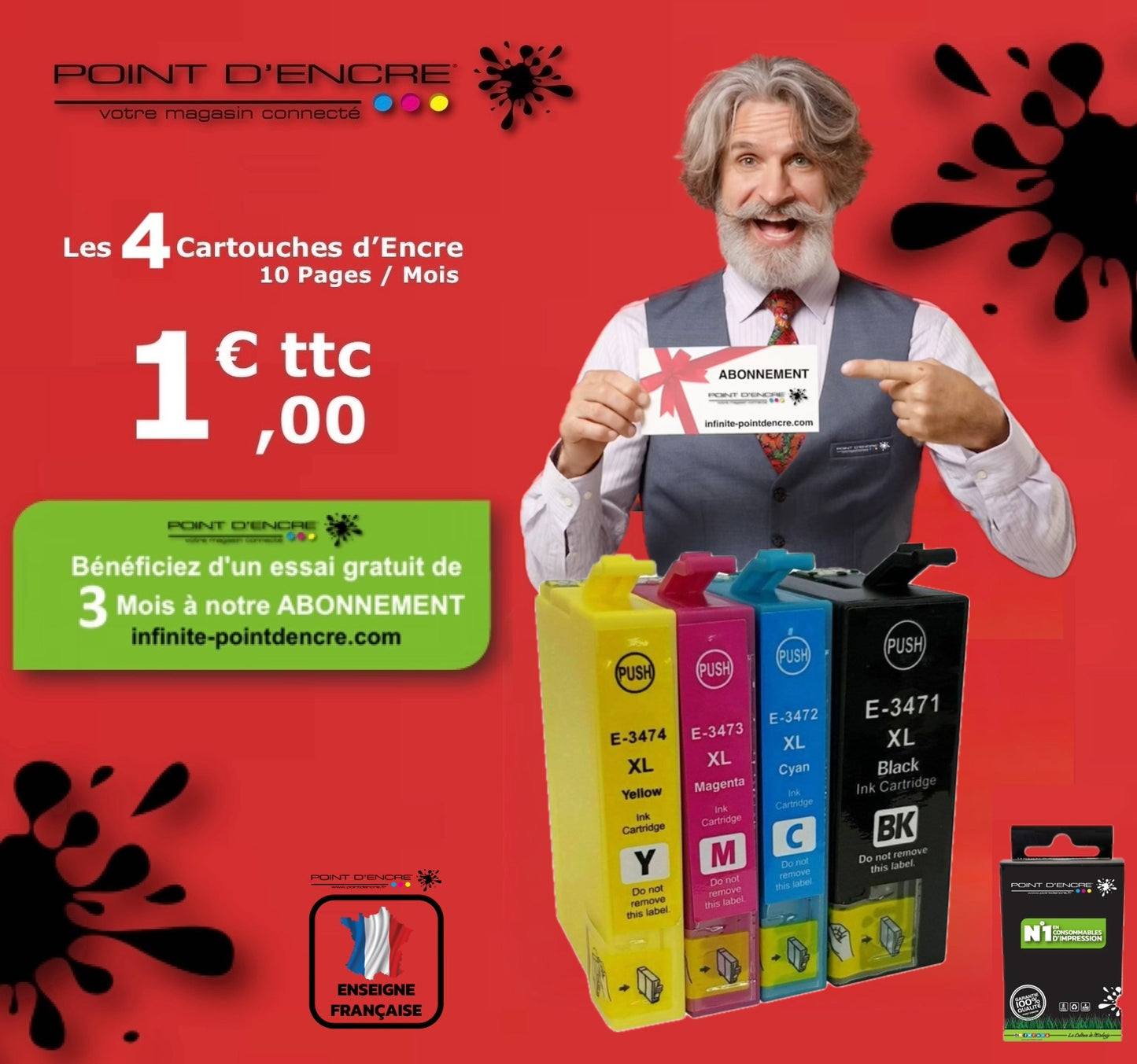 34XL / C13T34764010 - Balle de golf - ABONNEMENT - Noir / Cyan / Magenta / Jaune - Grande capacité de Marque Française POINT D'ENCRE Pour imprimante compatible EPSON (cee)