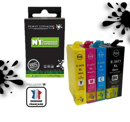 34XL / C13T34764010 - Balle de golf - Noir / Cyan / Magenta / Jaune - Grande capacité de Marque Française POINT D'ENCRE Pour imprimante compatible EPSON (cee)