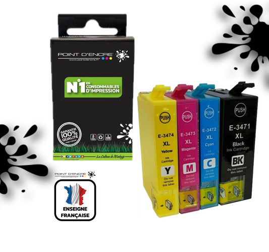 34XL / C13T34764010 - Balle de golf - ABONNEMENT - Noir / Cyan / Magenta / Jaune - Grande capacité de Marque Française POINT D'ENCRE Pour imprimante compatible EPSON (cee)