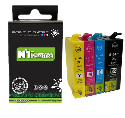 34XL / C13T34764010 - Balle de golf - Noir / Cyan / Magenta / Jaune - Grande capacité de Marque Française POINT D'ENCRE Pour imprimante compatible EPSON (cee)