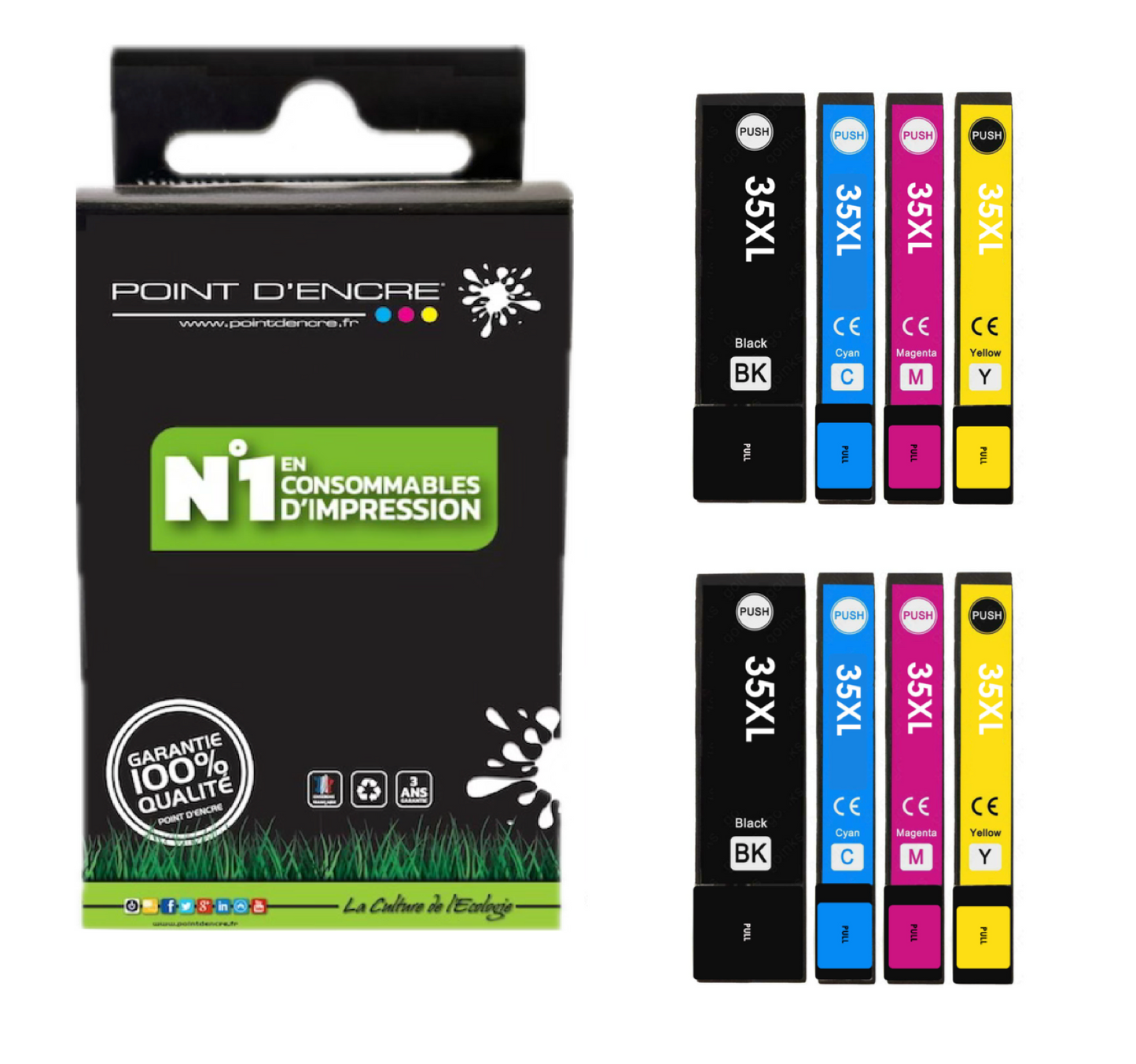 35XL - Cadenas - 2 X Pack de 4 Cartouches D'encre Noir/Cyan/Magenta/ Jaune - Grande capacité de Marque Francaise POINT D'ENCRE Pour imprimante compatible EPSON (cee)