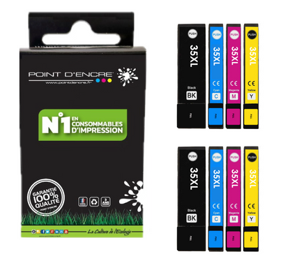 35XL - Cadenas - 2 X Pack de 4 Cartouches D'encre Noir/Cyan/Magenta/ Jaune - Grande capacité de Marque Francaise POINT D'ENCRE Pour imprimante compatible EPSON (cee)