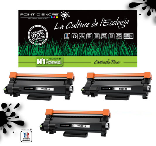 TN2510XL - 3 X NOIR - Grande capacité Marque Francaise POINT D'ENCRE pour Imprimantes compatibles Brother (clbr)