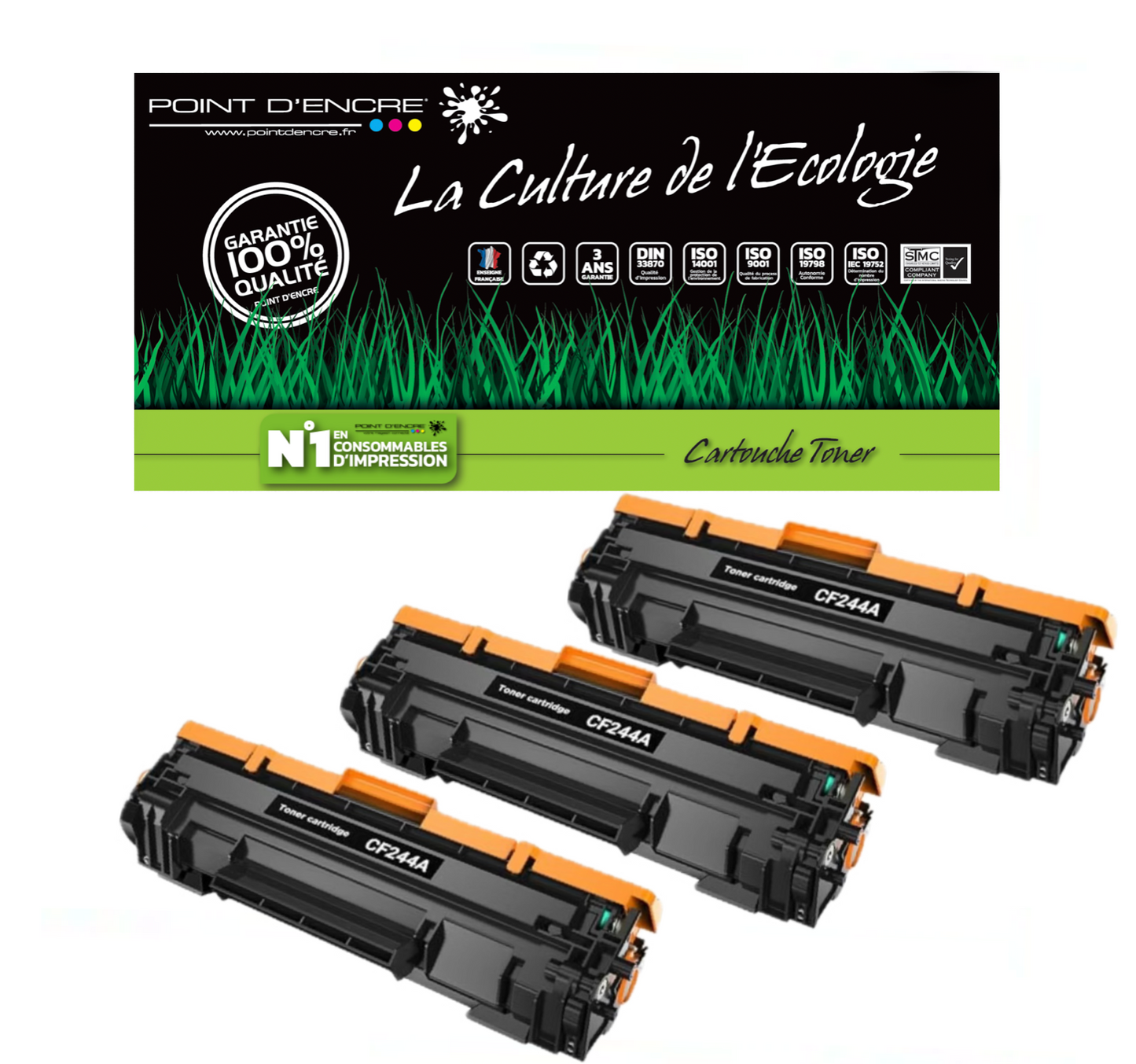 3 X CF244A/44A - Noir - Grande capacité Marque Francaise POINT D'ENCRE pour Imprimantes compatibles HP (clhp) (Copie)
