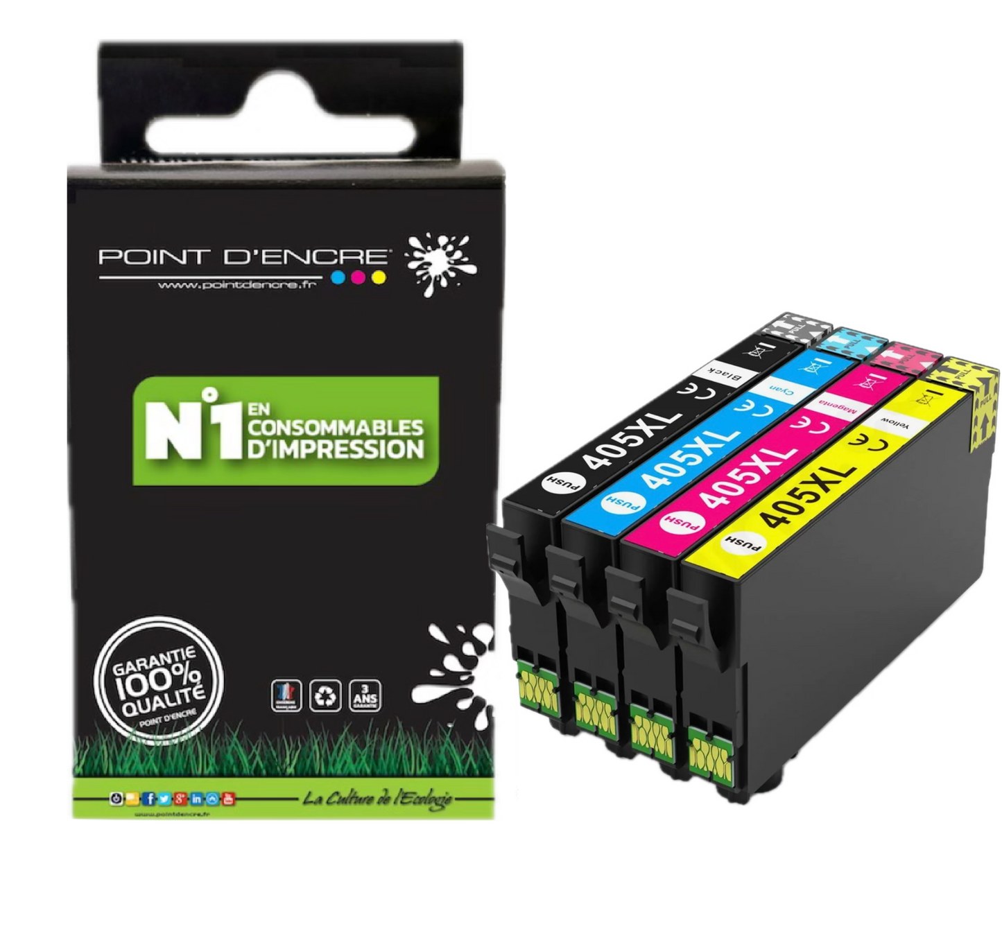 405XL - Valise - ABONNEMENT - Pack de 4 Cartouches D'encre Noir/Cyan/Magenta/ Jaune - Grande capacité de Marque Française POINT D'ENCRE Pour imprimante compatible EPSON (cee)