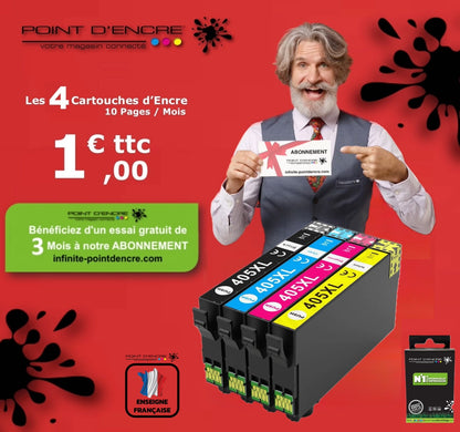 405XL - Valise - ABONNEMENT - Pack de 4 Cartouches D'encre Noir/Cyan/Magenta/ Jaune - Grande capacité de Marque Française POINT D'ENCRE Pour imprimante compatible EPSON (cee)