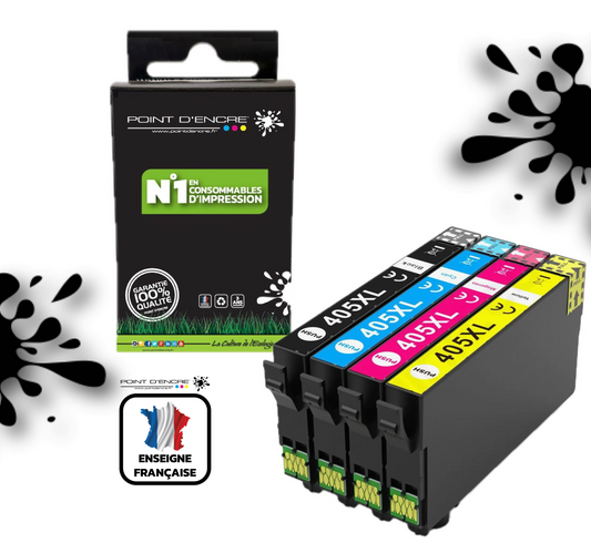 405XL - Valise - ABONNEMENT - Pack de 4 Cartouches D'encre Noir/Cyan/Magenta/ Jaune - Grande capacité de Marque Française POINT D'ENCRE Pour imprimante compatible EPSON (cee)