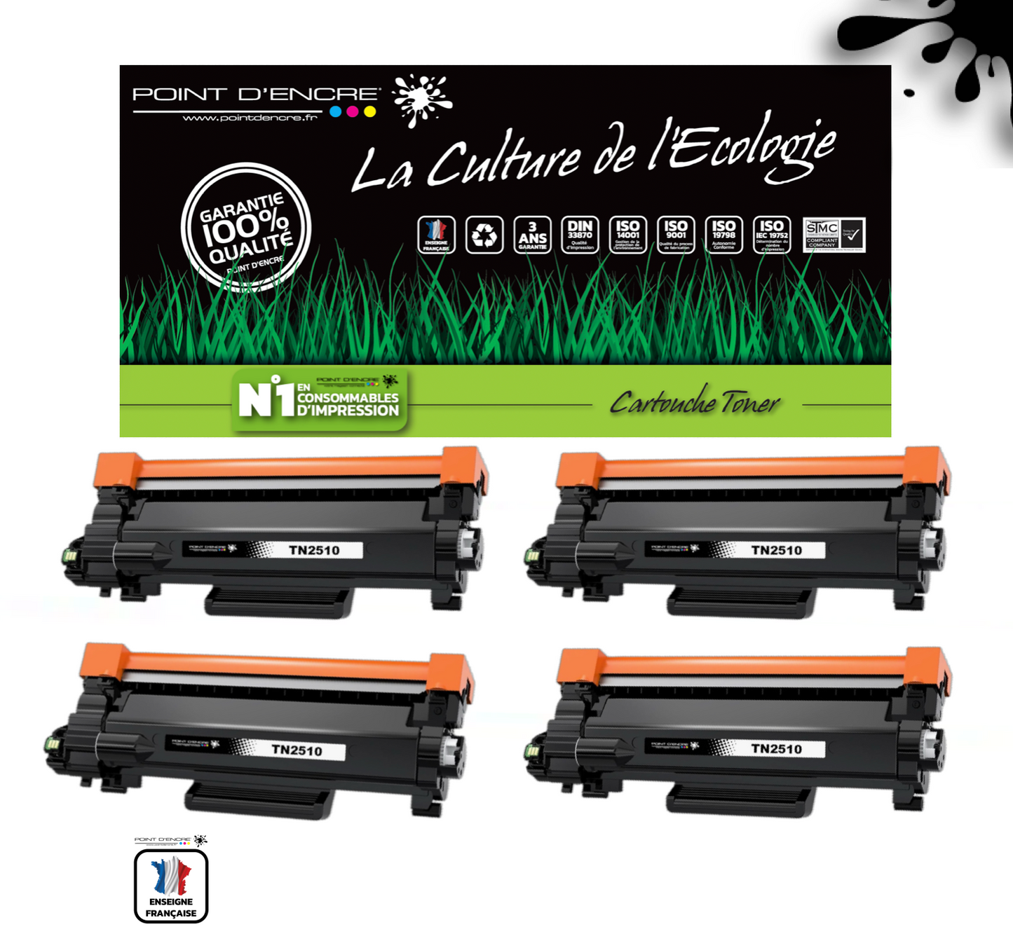 TN2510XL - 4 X NOIR - Grande capacité Marque Francaise POINT D'ENCRE pour Imprimantes compatibles Brother (clbr)