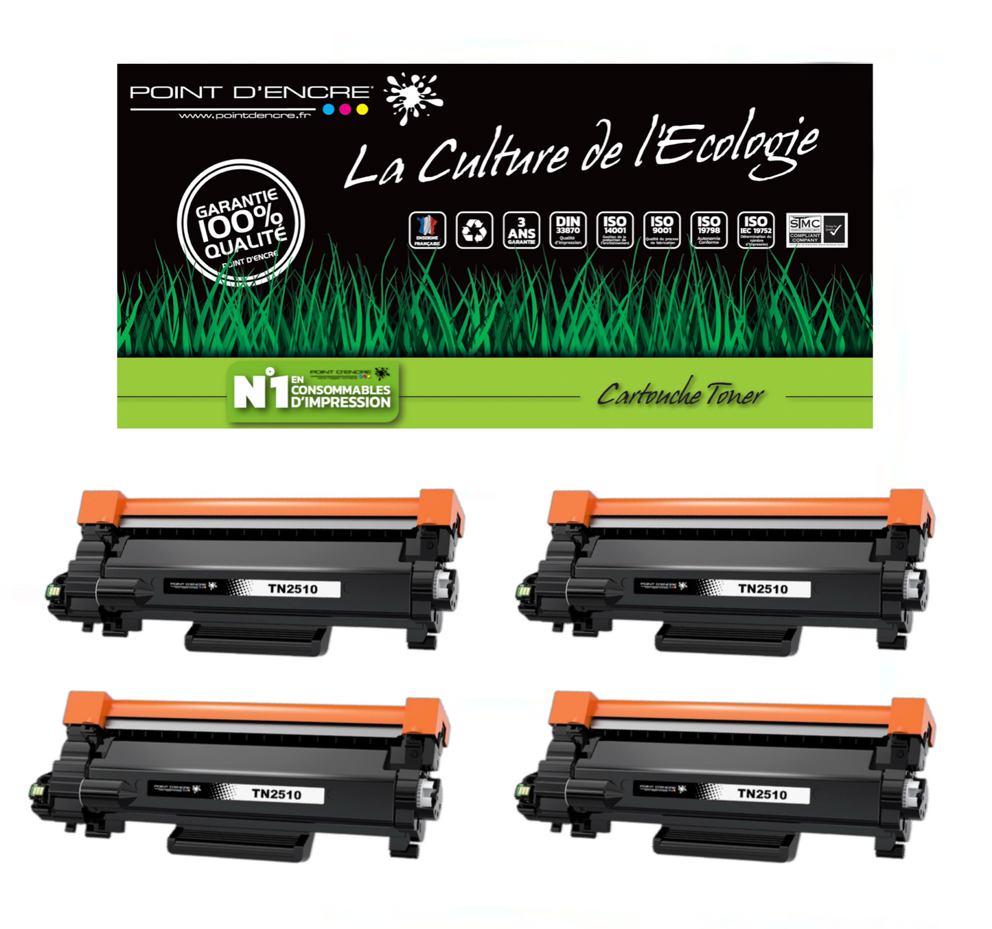 TN2510XL - 4 X NOIR - Grande capacité Marque Francaise POINT D'ENCRE pour Imprimantes compatibles Brother (clbr)