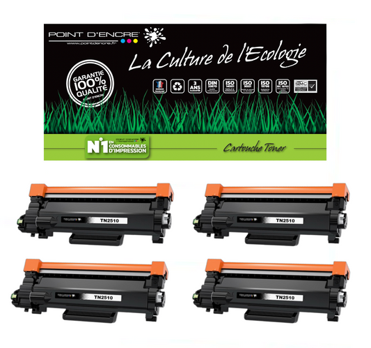 TN2510XL - 4 X NOIR - Grande capacité Marque Francaise POINT D'ENCRE pour Imprimantes compatibles Brother (clbr)