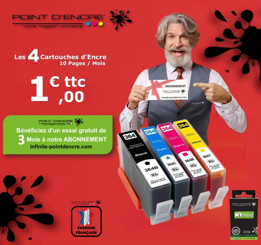 364XL - ABONNEMENT - Pack de 4 Cartouches Noir/Cyan/Magenta/ Jaune Grande capacité de Marque Francaise POINT D'ENCRE Pour imprimante compatible HP (cehp)