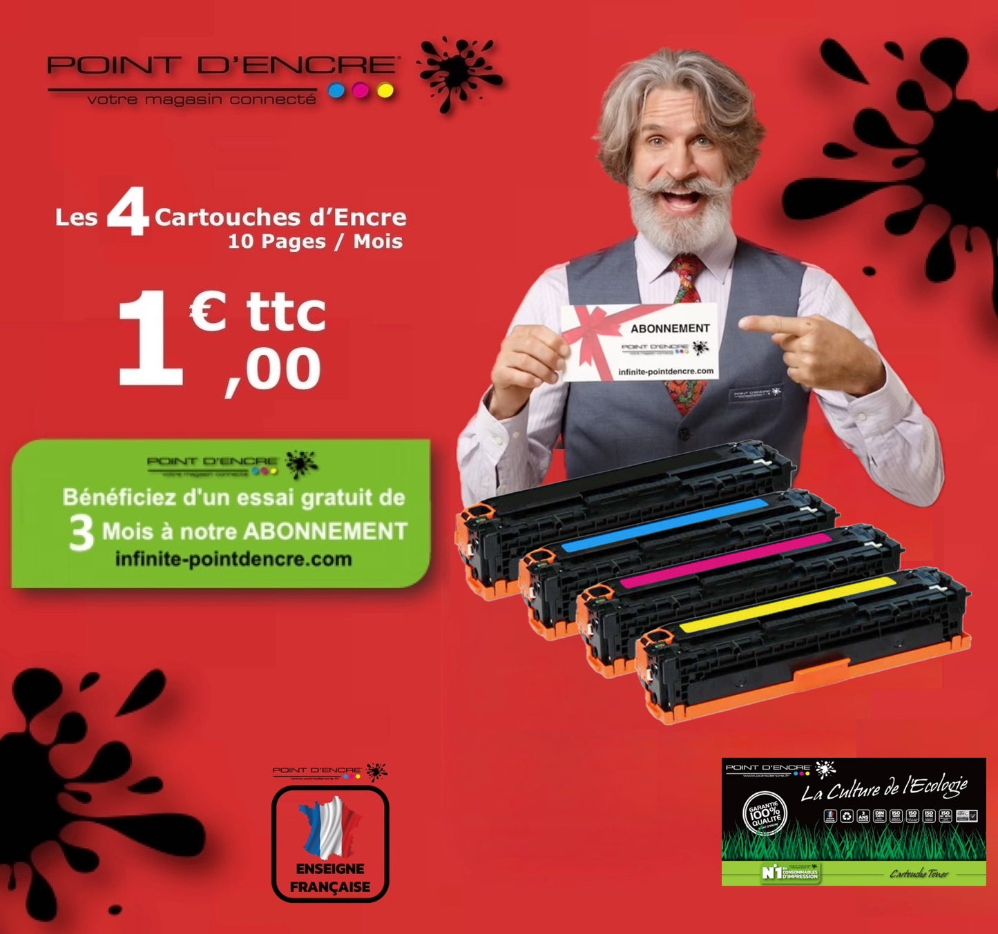 410X / CF410X - ABONNEMENT - NOIR / CYAN / MAGENTA / JAUNE - Grande capacité Marque Francaise POINT D'ENCRE pour Imprimantes compatibles HP (clhp)