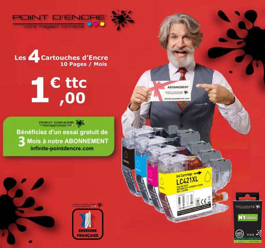 LC421XL - ABONNEMENT - Pack de 4 Cartouches D'encre Noir/Cyan/Magenta/ Jaune - Grande capacité de Marque Française POINT D'ENCRE Pour imprimante compatible BROTHER (ceb)