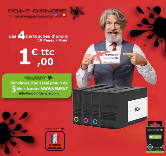 953XL - ABONNEMENT - Pack de 4 Cartouches D'encre Noir/Cyan/Magenta/ Jaune - Grande capacité de Marque Française POINT D'ENCRE Pour imprimante compatible HP (cehp)