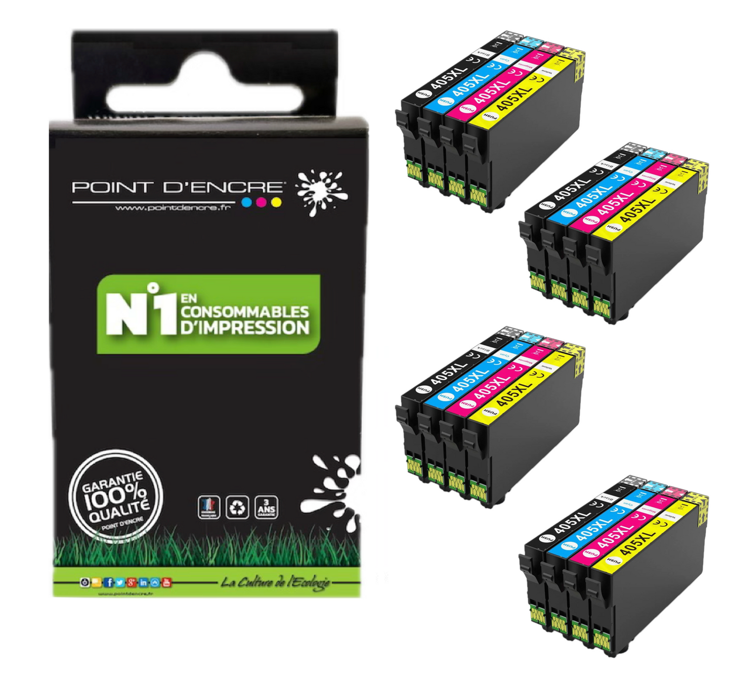4 X 405XL - Valise - Pack de 4 Cartouches D'encre Noir/Cyan/Magenta/ Jaune - Grande capacité de Marque Française POINT D'ENCRE Pour imprimante compatible EPSON (cee)