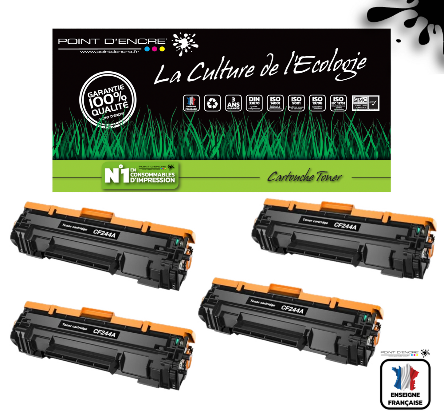 4 X CF244A/44A - Noir - Grande capacité Marque Francaise POINT D'ENCRE pour Imprimantes compatibles HP (clhp)