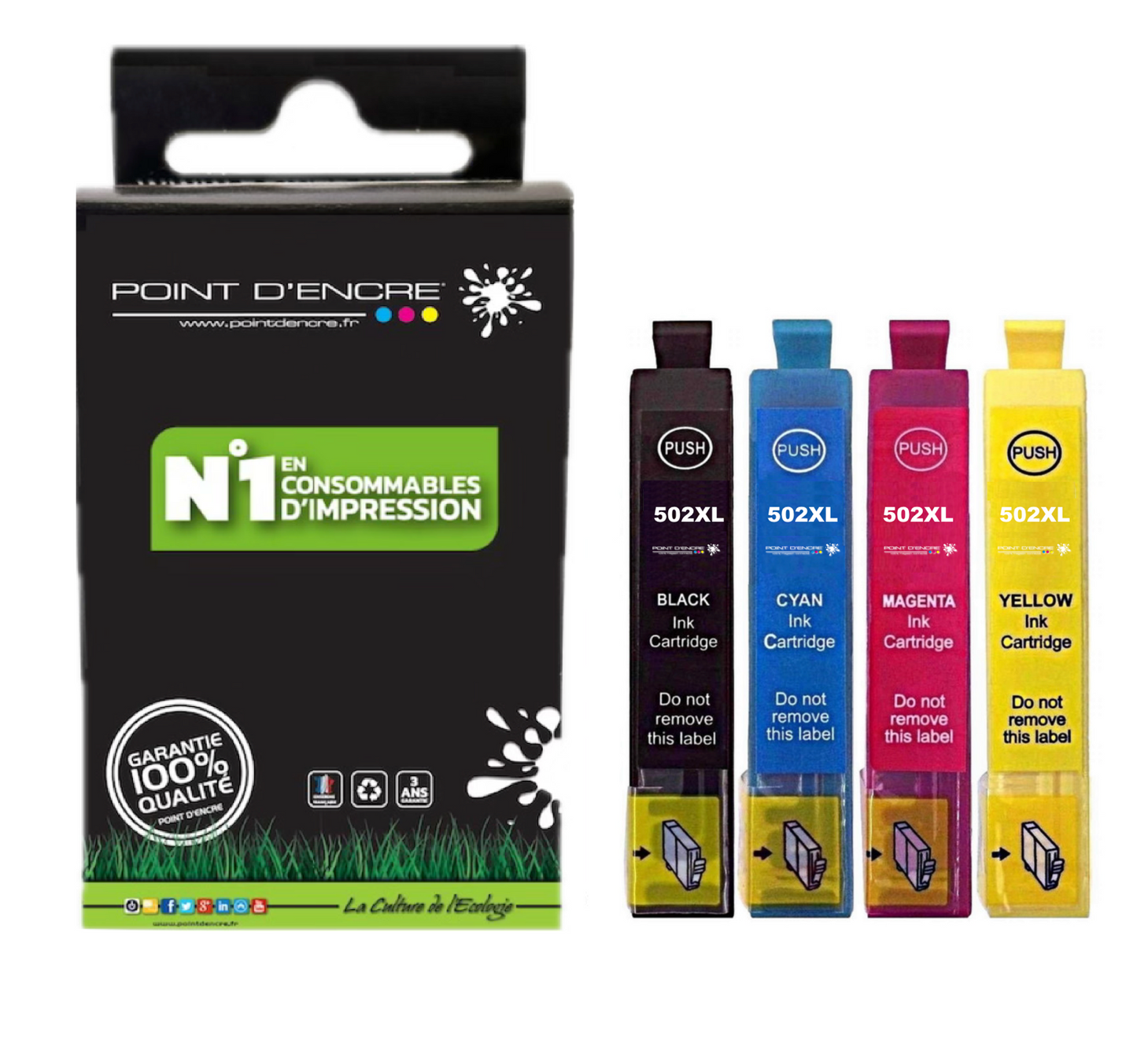 502XL - Jumelles - Abonnement - Noir/Cyan/Magenta/ Jaune - Grande capacité de Marque Française POINT D'ENCRE Pour imprimante compatible EPSON (cee)