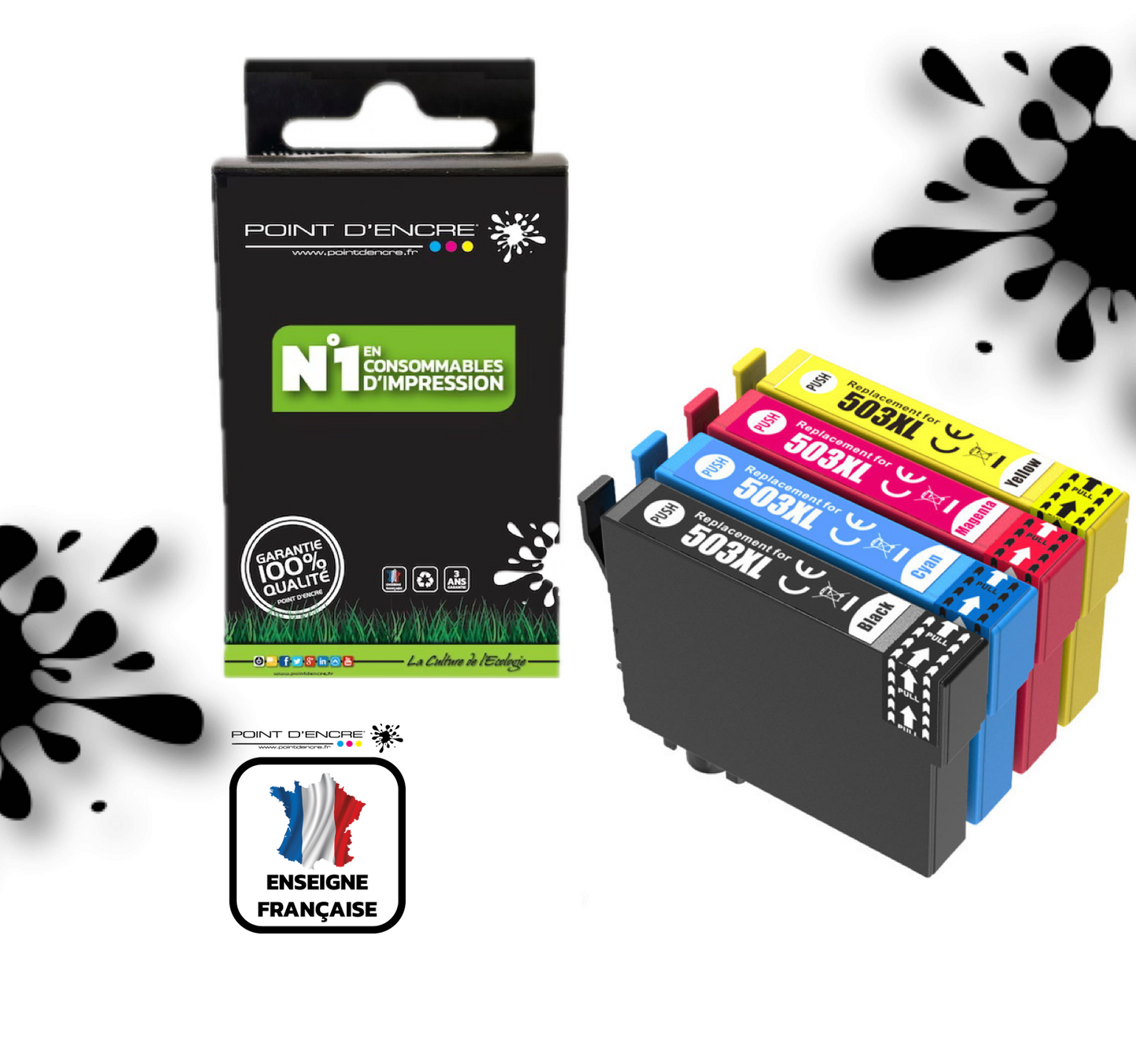 503XL - Piments - Pack de 4 Cartouches D'encre Noir/Cyan/Magenta/ Jaune - Grande capacité de Marque Française POINT D'ENCRE Pour imprimante compatible EPSON (cee)