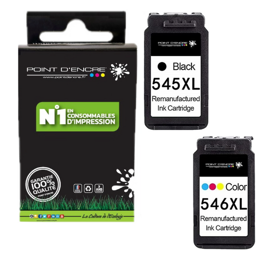 545XL / 546XL - NOIR & COULEUR - 8286B011 / 8286B006 Grande capacité de Marque Francaise POINT D'ENCRE - Pour imprimante compatible CANON (cec)
