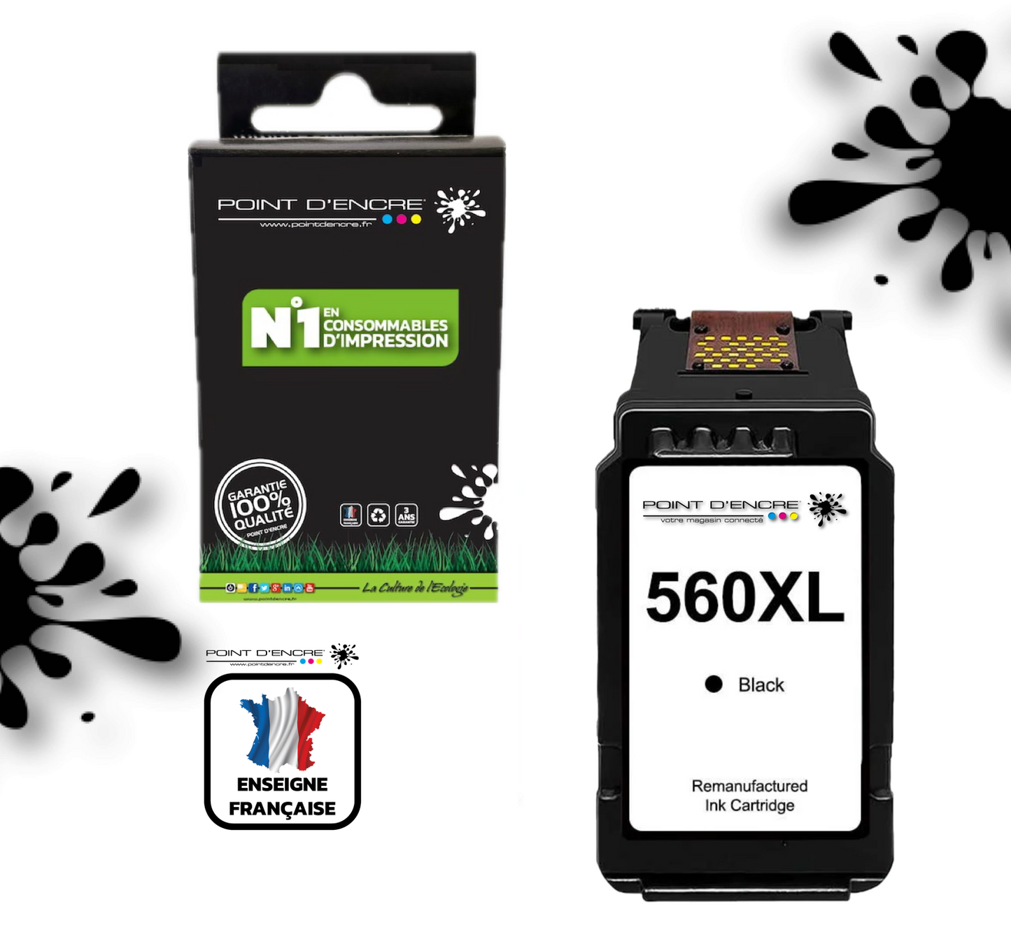 PG-560XL - NOIR - Grande capacité de Marque Française POINT D'ENCRE - Pour imprimante compatible CANON (cec)