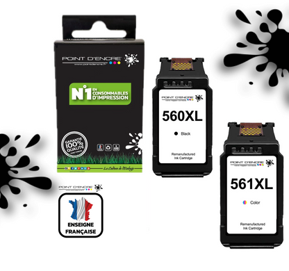 PG-560XL / CL-561XL - NOIR / COULEUR - Grande capacité de Marque Française POINT D'ENCRE - Pour imprimante compatible CANON (cec)