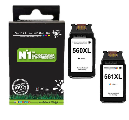 PG-560XL / CL-561XL - NOIR / COULEUR - Grande capacité de Marque Française POINT D'ENCRE - Pour imprimante compatible CANON (cec)