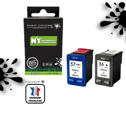 56XL / 57XL - NOIR / COULEUR - Grande capacité de Marque Francaise POINT D'ENCRE - Pour imprimante compatible HP (cehp)
