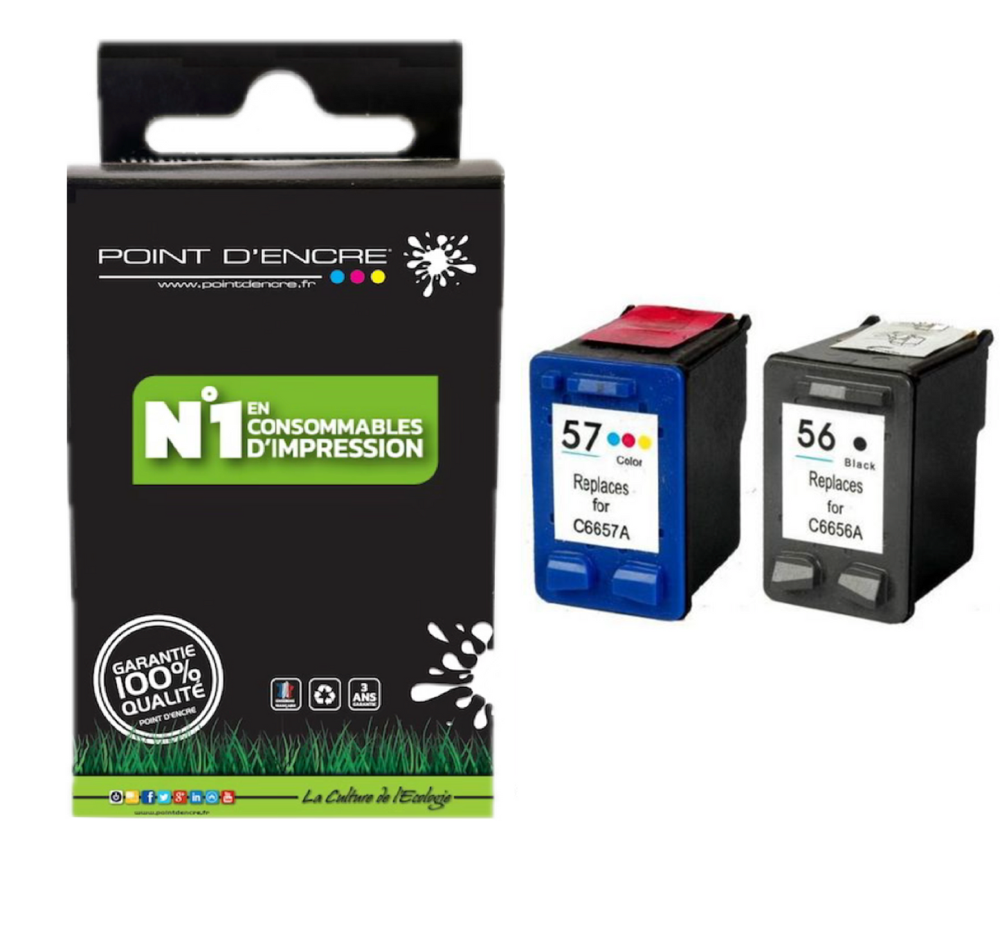 56XL / 57XL - NOIR / COULEUR - Grande capacité de Marque Francaise POINT D'ENCRE - Pour imprimante compatible HP (cehp)