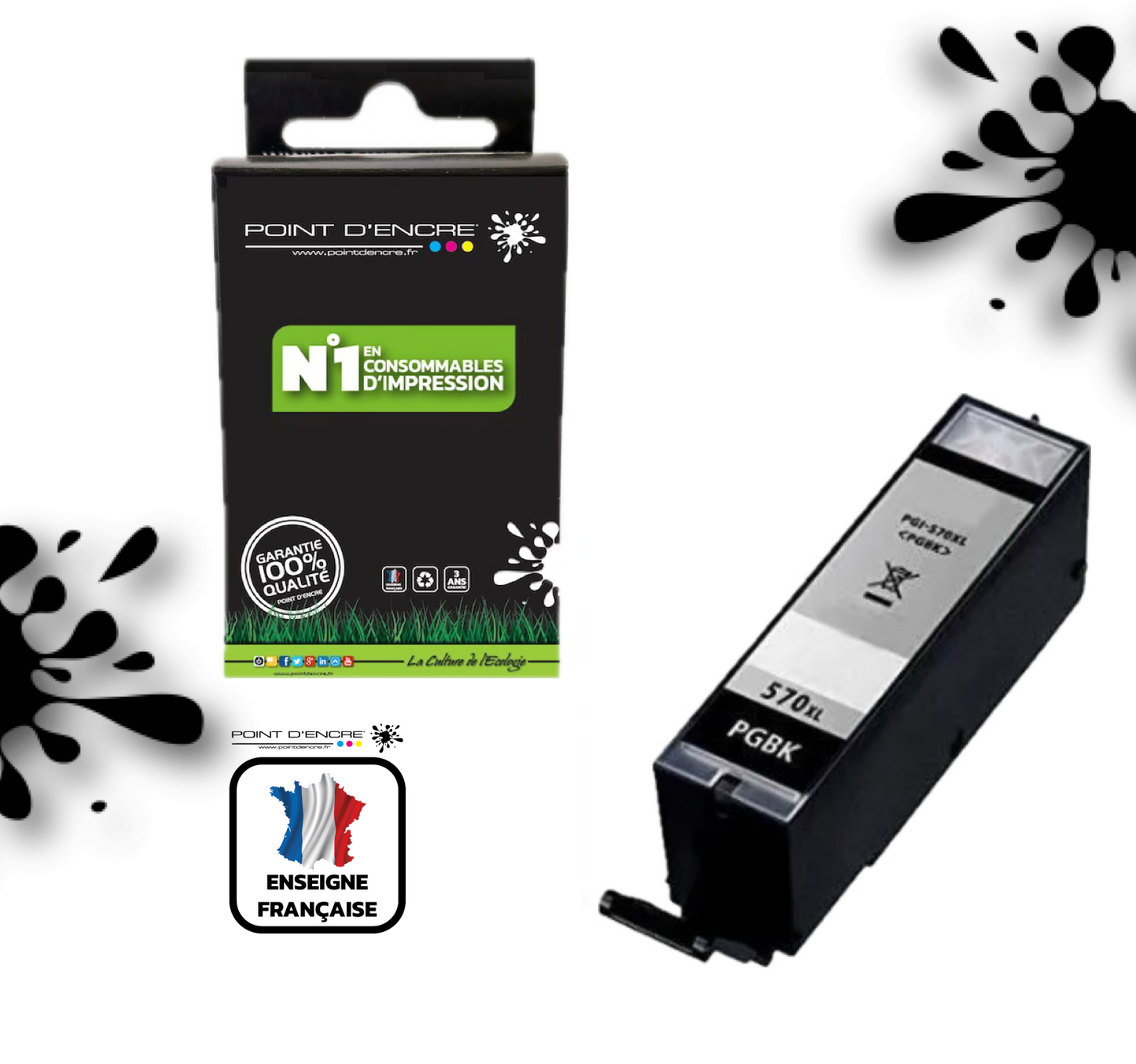 PGI-570XL - NOIR - Grande capacité de Marque Française POINT D'ENCRE Pour imprimante compatible CANON (cec)
