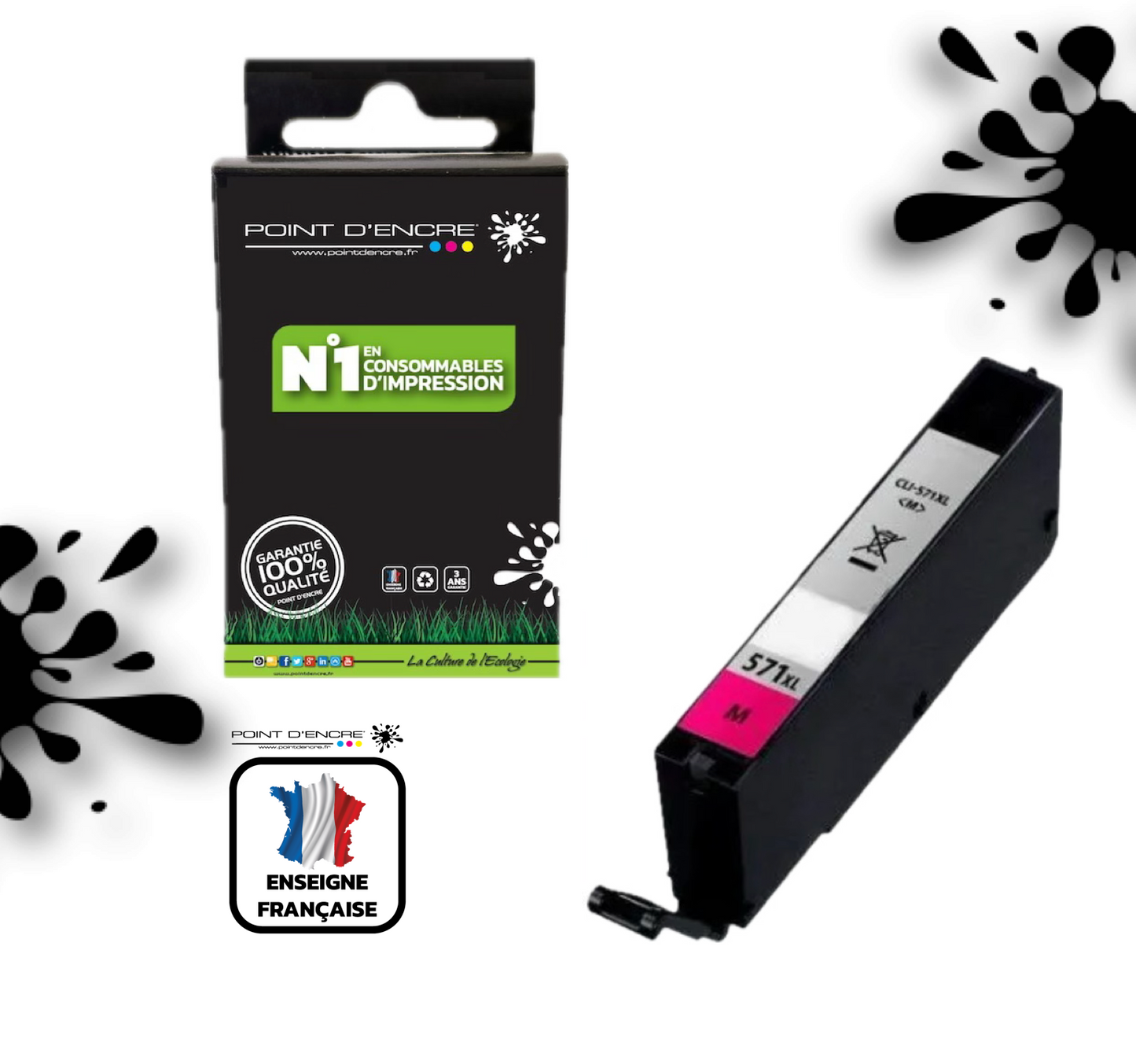CLI-571XL - MAGENTA - Grande capacité de Marque Française POINT D'ENCRE Pour imprimante compatible CANON (cec)