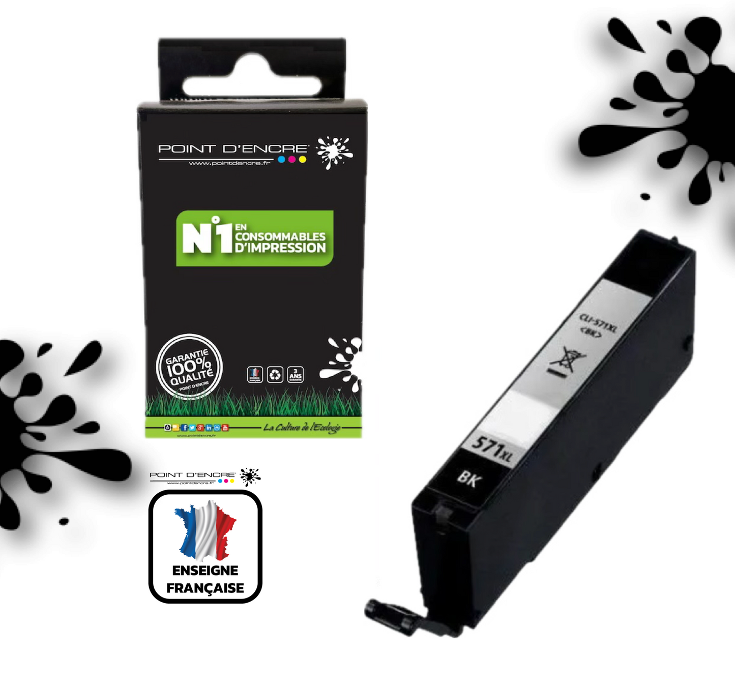 CLI-571XL - NOIR PHOTO - Grande capacité de Marque Française POINT D'ENCRE Pour imprimante compatible CANON (cec)