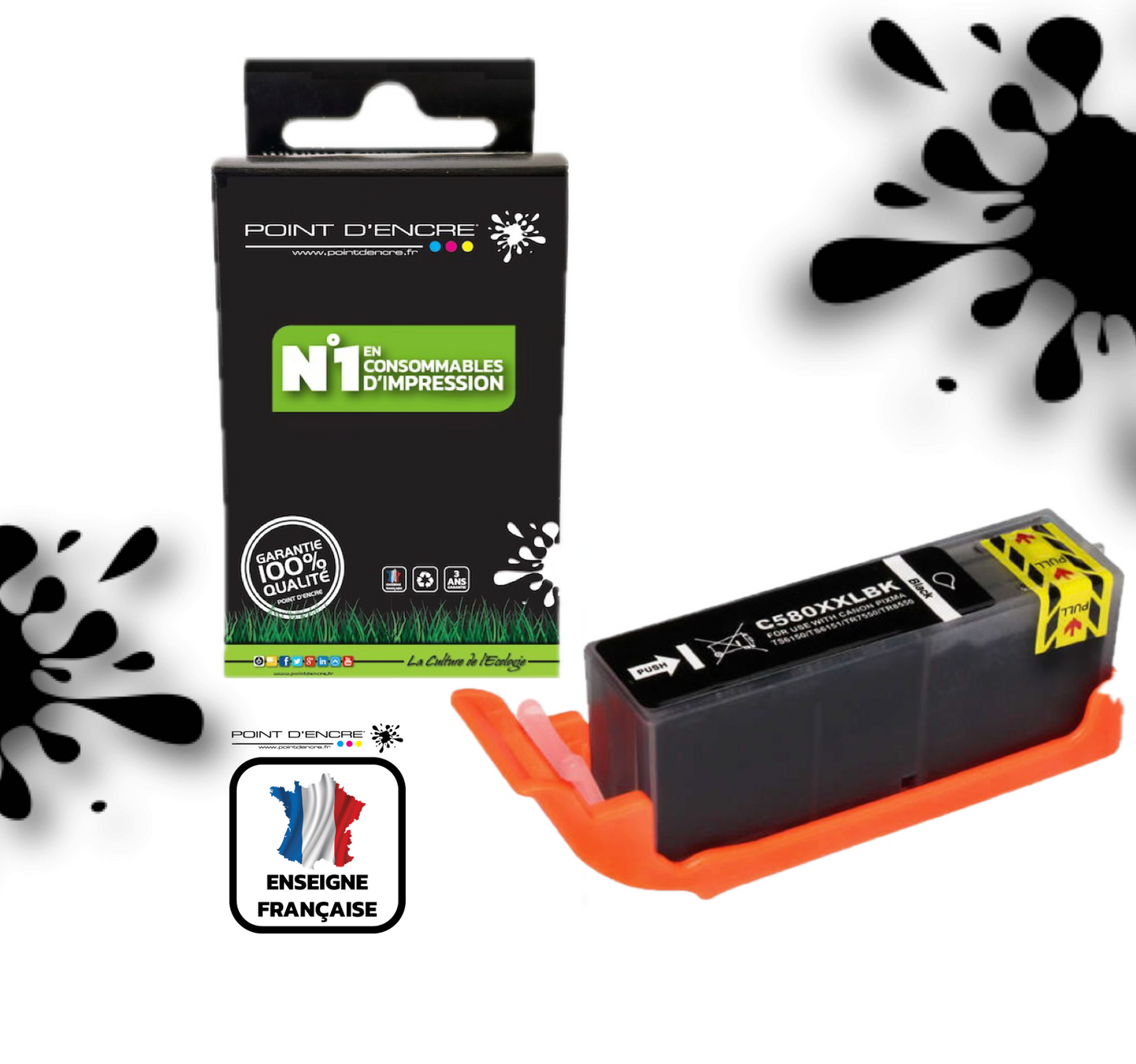 PGI-580XXL - NOIR  - Grande capacité de Marque Française POINT D'ENCRE Pour imprimante compatible CANON (cec)