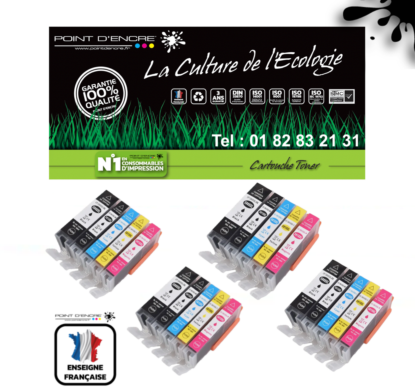 PGI-580XXL / CLI-581XXL - 4 X Pack Noir / Cyan / Magenta / Jaune - Grande capacité de Marque Française POINT D'ENCRE Pour imprimante compatible CANON (cec)