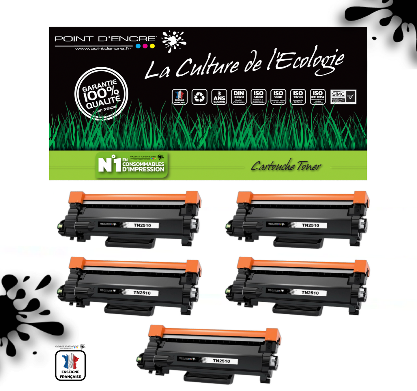TN2510XL - 5 X NOIR - Grande capacité Marque Francaise POINT D'ENCRE pour Imprimantes compatibles Brother (clbr)