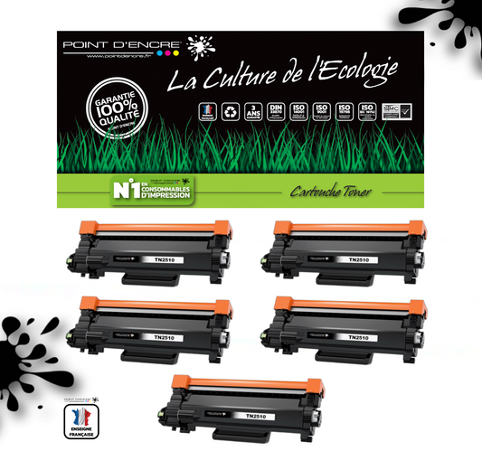 TN2510XL - 5 X NOIR - Grande capacité Marque Francaise POINT D'ENCRE pour Imprimantes compatibles Brother (clbr)