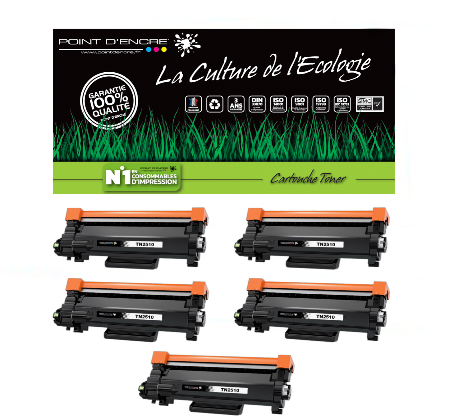 TN2510XL - 5 X NOIR - Grande capacité Marque Francaise POINT D'ENCRE pour Imprimantes compatibles Brother (clbr)