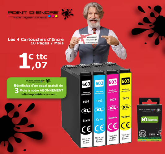 604XL - Ananas - Abonnement - Pack de 4 Cartouches D'encre Noir/Cyan/Magenta/ Jaune - Grande capacité de Marque Francaise POINT D'ENCRE Pour imprimante compatible EPSON (cee)