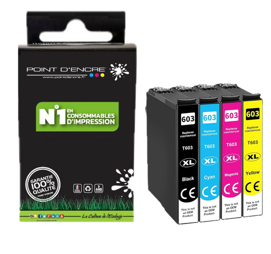 603XL - Etoile de mer - Pack de 4 Cartouches D'encre Noir/Cyan/Magenta/ Jaune - Grande capacité de Marque Francaise POINT D'ENCRE Pour imprimante compatible EPSON  (cee)