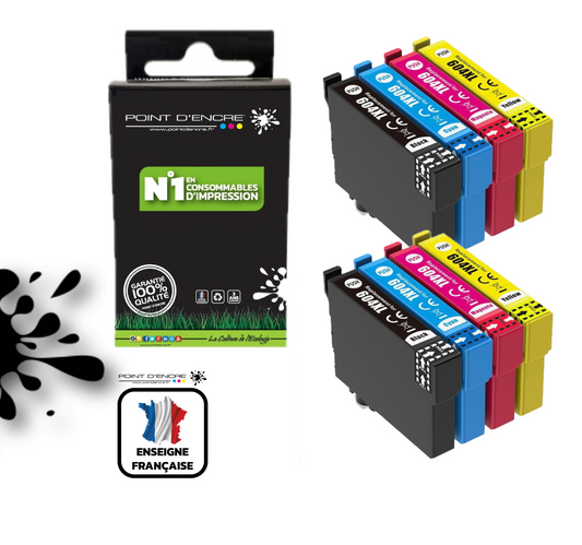 604XL - Ananas - 2 X Pack de 4 Cartouches D'encre Noir/Cyan/Magenta/ Jaune - Grande capacité de Marque Francaise POINT D'ENCRE Pour imprimante compatible EPSON (cee)