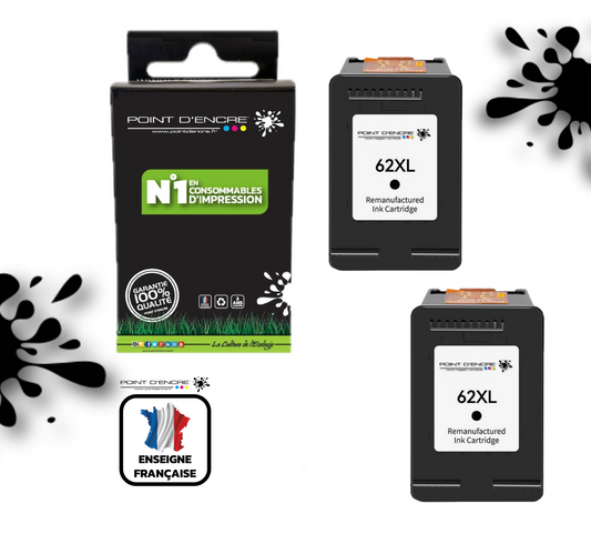62XL - 2 X NOIR  - Grande capacité de Marque Française POINT D'ENCRE - Pour imprimante compatible HP (cehp)