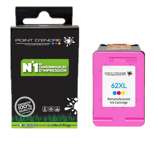 62XL - COULEUR - Grande capacité de Marque Française POINT D'ENCRE - Pour imprimante compatible HP (cehp)